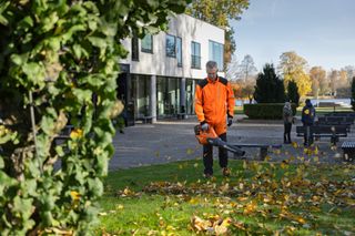 Una persona usando un soplador de hojas para limpiar hojas caídas en un parque.