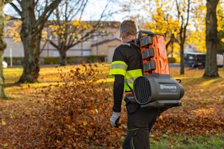 Person som rengör löv med en batteridriven blåsare