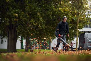 在公园环境中使用吹叶机清除落叶的人员。