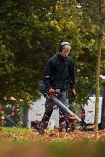 A person using a leaf blower to clear fallen leaves in a park setting.