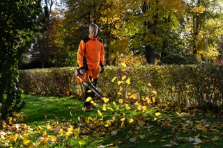 Una persona che utilizza un soffiatore per foglie per rimuovere le foglie cadute in un parco.