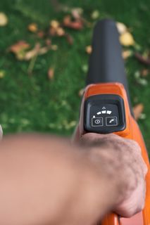 Una persona che utilizza un soffiatore per foglie per rimuovere le foglie cadute su un piatto di legno.