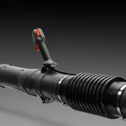 Side view of a leaf blower tube with a control handle.