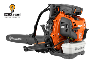 Side view of a Husqvarna leaf blower with visible fuel tank and PTIA 2025 award badge.