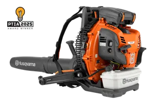 Side view of a Husqvarna leaf blower with visible fuel tank and PTIA 2025 award badge.