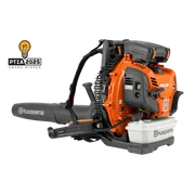 Side view of a Husqvarna leaf blower with visible fuel tank and PTIA 2025 award badge.