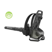 Front angled studio view of a Husqvarna backpack leaf blower with AGZA AFTC certification badge