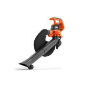 Oldalnézet egy levélfúvóról, amelyhez egy gyűjtőzsák tartozik.