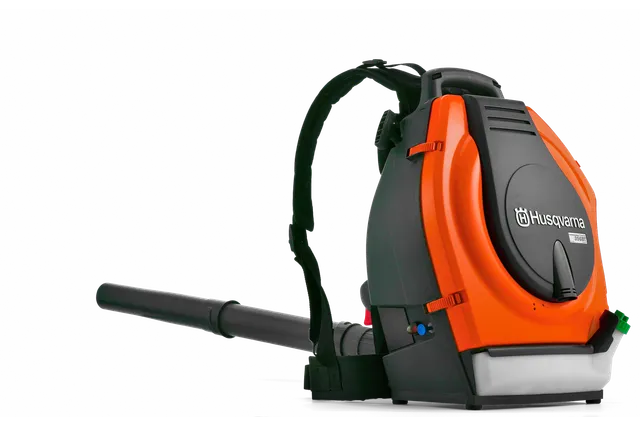 Side view of a Husqvarna backpack leaf blower with ergonomic straps.