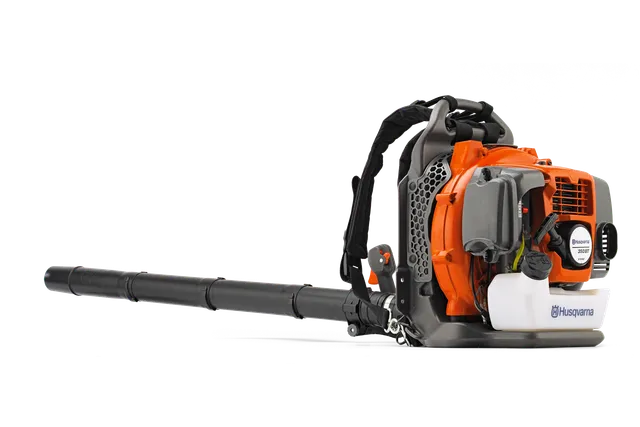 Side view of a Husqvarna backpack leaf blower with ergonomic design.