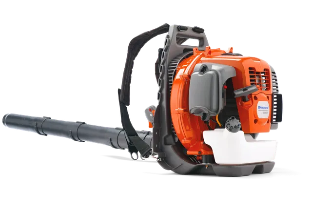 Side view of a Husqvarna backpack leaf blower with ergonomic design.
