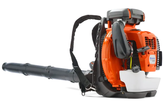 Side view of a Husqvarna backpack leaf blower with harness and control handle.