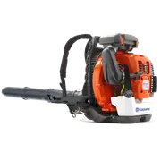 Side view of a Husqvarna backpack leaf blower with visible controls and straps.