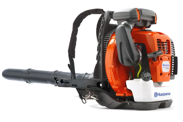 Side view of a Husqvarna backpack leaf blower with visible controls and straps.