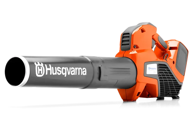 Side view of a Husqvarna leaf blower showcasing its design and branding.