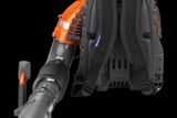 Rear view of a backpack leaf blower with adjustable straps and control handle.
