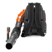 Rückansicht eines Rucksack-Laubblasgeräts mit verstellbaren Riemen und Steuergriff.