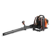 Side view of a Husqvarna backpack leaf blower with ergonomic handle and harness.