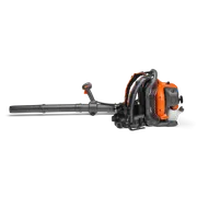 Side view of a backpack leaf blower with ergonomic handle and harness.