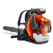 Side view of a Husqvarna backpack leaf blower showcasing its engine and harness.