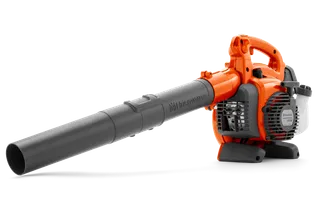Side view of a Husqvarna leaf blower with ergonomic handle and visible fuel tank.