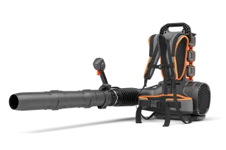 Side view of a backpack leaf blower with multiple battery compartments.