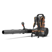 Side view of a backpack leaf blower with multiple battery compartments.