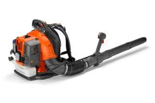 Side view of a backpack leaf blower with ergonomic handle and nozzle.