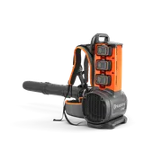 A Husqvarna backpack leaf blower with visible battery compartments.