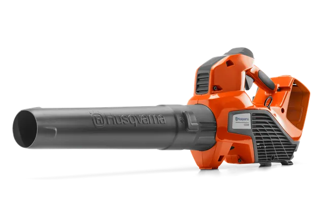 Sivukuva Husqvarnan lehtipuhaltimesta, joka esittelee sen muotoilua ja suutinta.