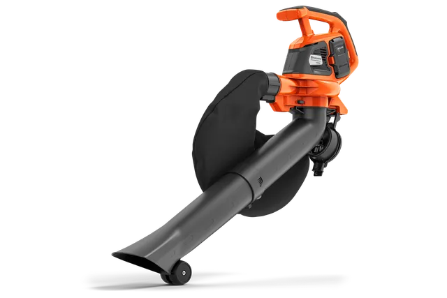 Seitenansicht eines Laubblasgeräts mit einem Fangsack und Rädern für einfache Manövrierbarkeit.