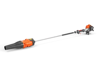 Husqvarna BA13 Blower Attachment. Vista lateral de un soplador de hojas con un mango largo, etiquetado como tiro.
