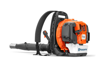 Husqvarna 富世华背负式吹叶机的侧视图,带有可见的控件和品牌标识。