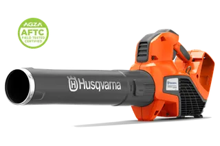 Side view of a Husqvarna handheld leaf blower with an AGZA AFTC certified badge.