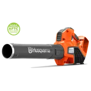 Side view of a Husqvarna handheld leaf blower with an AGZA AFTC certified badge.