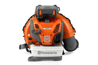 Front view of a Husqvarna backpack blower with visible controls and branding.