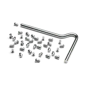 Top view of a collection of metal studs and a hex key on a white surface.