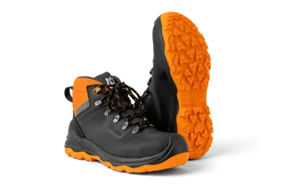 Front view of a pair of work boots with rugged soles.