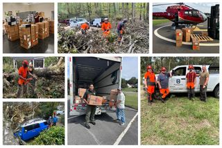 A collage showing disaster relief efforts with workers clearing debris, distributing supplies, and a helicopter involved.
