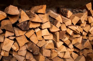 Stack of cut tree logs with bark.