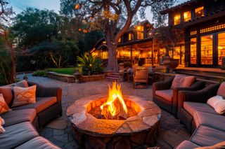 Outdoor patio with a fire pit surrounded by comfortable seating, in front of a warmly lit house.