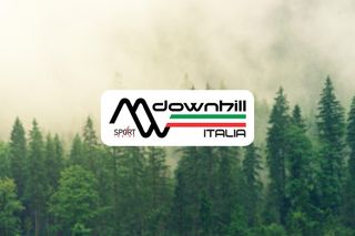 Logo di Downhill Italia sullo sfondo di un bosco nebbioso.