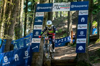 Un ciclista in piena discesa attraverso un sentiero forestale sotto un arco plantare con marchio Husqvarna.