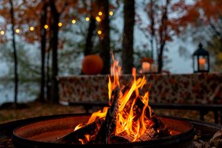 A cozy outdoor setting with a campfire, surrounded by autumn trees and string lights.