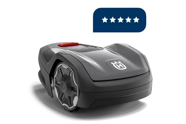 Front three-quarter view of a Husqvarna robotic lawn mower with a five-star rating icon.