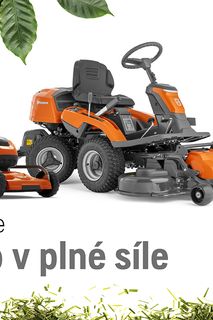 A selection of Husqvarna lawn mowers including a push mower, ride-on mower, and robotic mower, with spring sale text overlay.