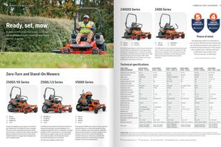 A person operating a zero-turn mower in a garden, with technical specifications for various mower series displayed.
