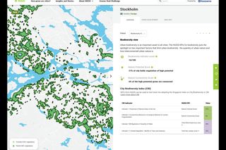 Tukholman kartta, jossa näkyvät viheralueet ja biodiversiteettiindeksi, jossa on yksityiskohtaista tietoa kaupunkien biologisesta monimuotoisuudesta.