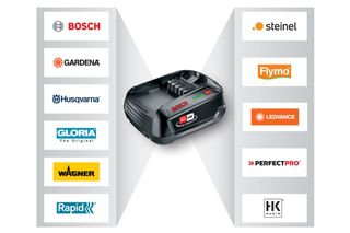 Um carregador de bateria da Bosch rodeado por logótipos de várias marcas, incluindo Gardena, Husqvarna e Flymo.