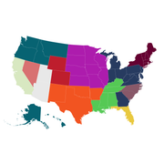 Color-coded map of the United States with state boundaries, grouping states into regions.